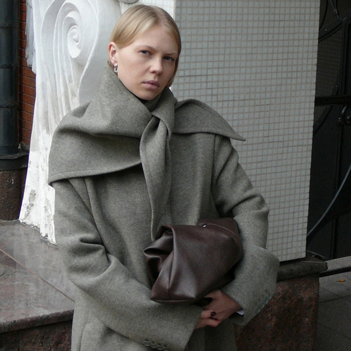 Women's Mid-length Wool Blend Coat with Integrated Loop Scarf Amarae