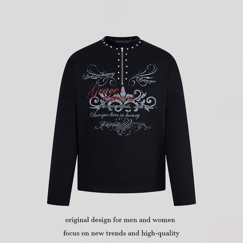Women's long sleeve shirt with half zipper, studded collar and baroque text print Amarae