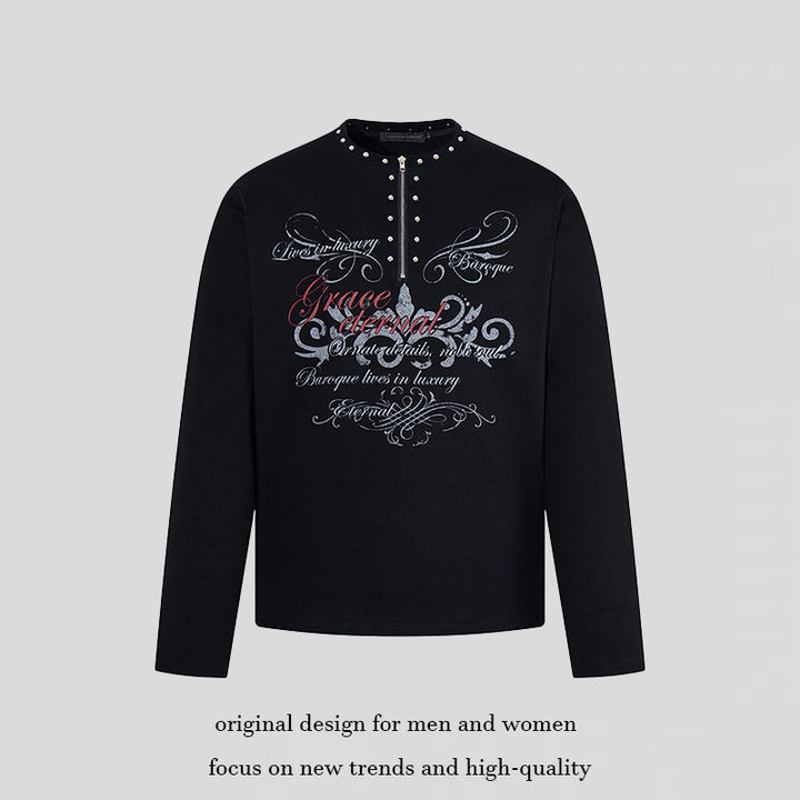Women's long sleeve shirt with half zipper, studded collar and baroque text print Amarae