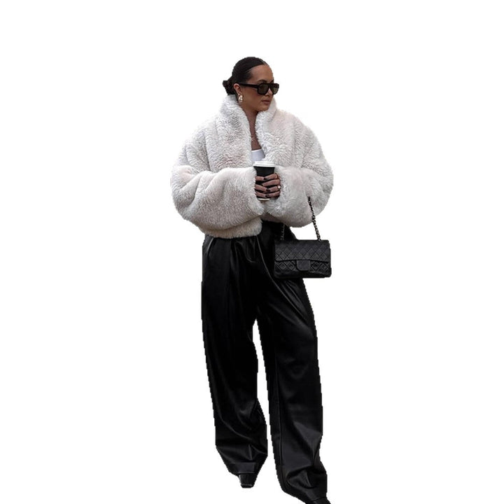 Women's Short Cozy Faux-Fur Bomber Jacket with Voluminous Shawl Collar and Boxy Silhouette Amarae