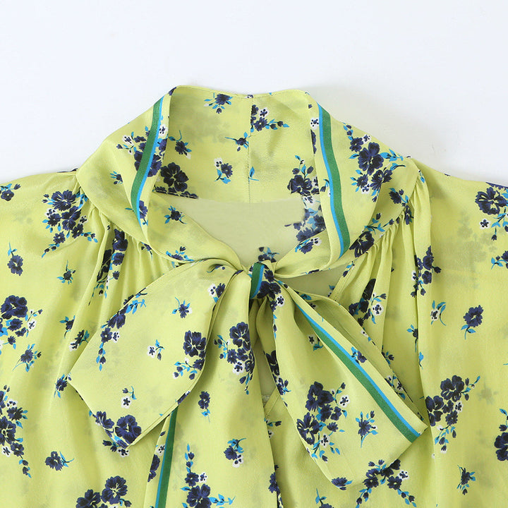 Women's Floral Satin Bow Blouse with Loose Fall and Retro Print Amarae