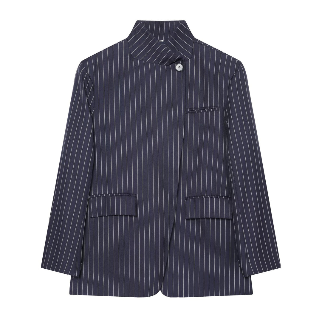Women Checked Long Blazer with Stand Collar, Concealed Button Placket and Flap Pockets Amarae