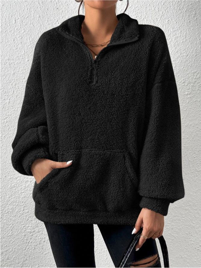 Ladies Plush High Collar Sweater with Half-Zip Lune London