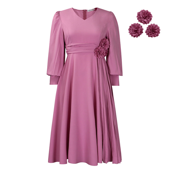 Elegant dress for women with decorative floral accent and draping Lune London