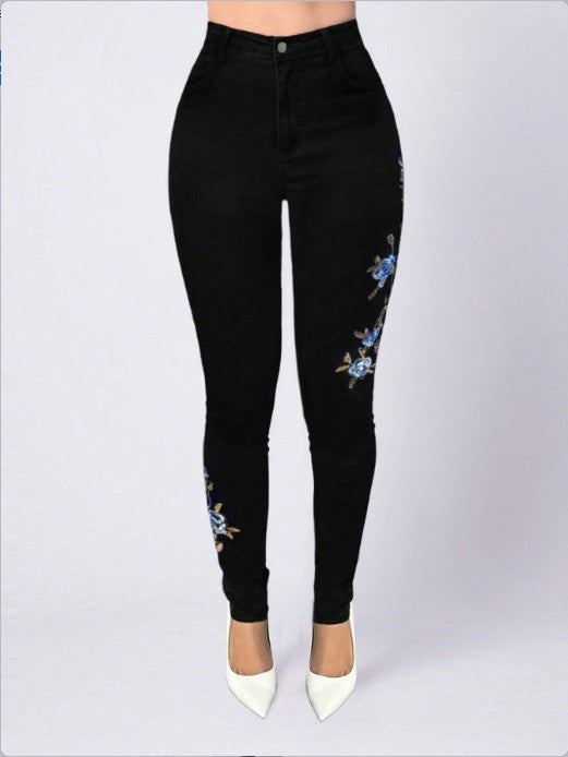 Women High-Waisted Sculpting Skinny Jeans with Side Floral Embroidery Amarae