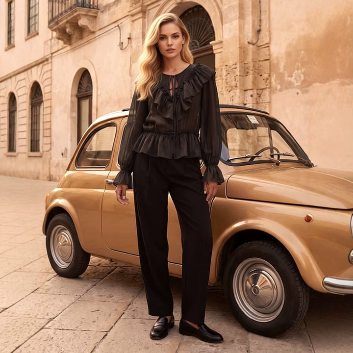 Women Ruffled transparent chiffon blouse with flounce peplum, long balloon sleeves and drawstring closure Amarae