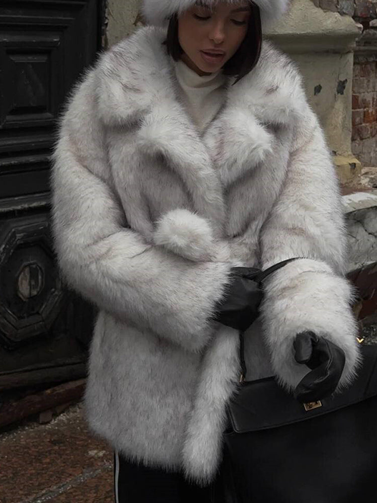Women Voluminous Short Coat made of Faux Fur with Waist Belt and Oversized Shawl Collar Amarae