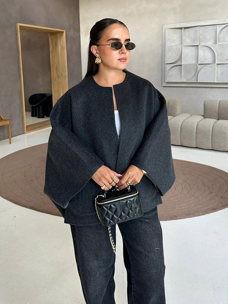 Women's Short Wool Blend Cape Jacket with Oversized Trumpet Sleeves Amarae
