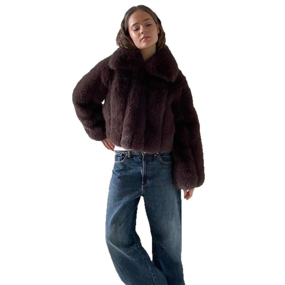Women's Short Cropped Faux Fur Jacket with Voluminous Shawl Collar and Boxy Silhouette Amarae