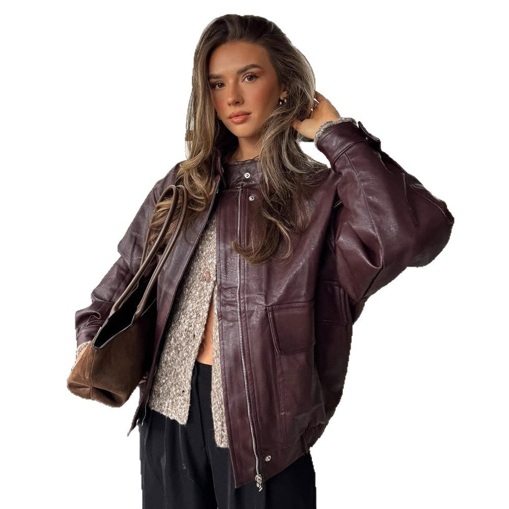 Women's Oversize Faux Leather Jacket with Sherpa Lining, practical flap pockets & two-way zipper Amarae