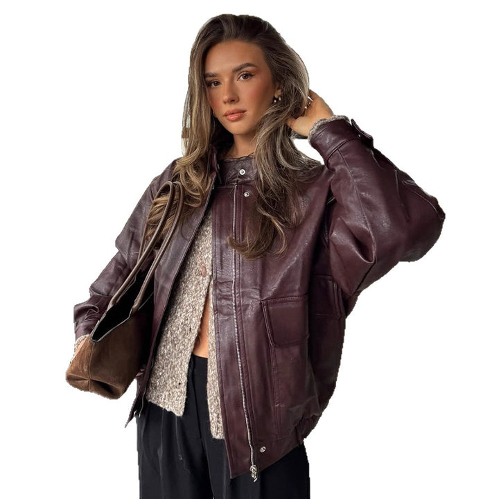 Women's Oversize Faux Leather Jacket with Sherpa Lining, practical flap pockets & two-way zipper Amarae