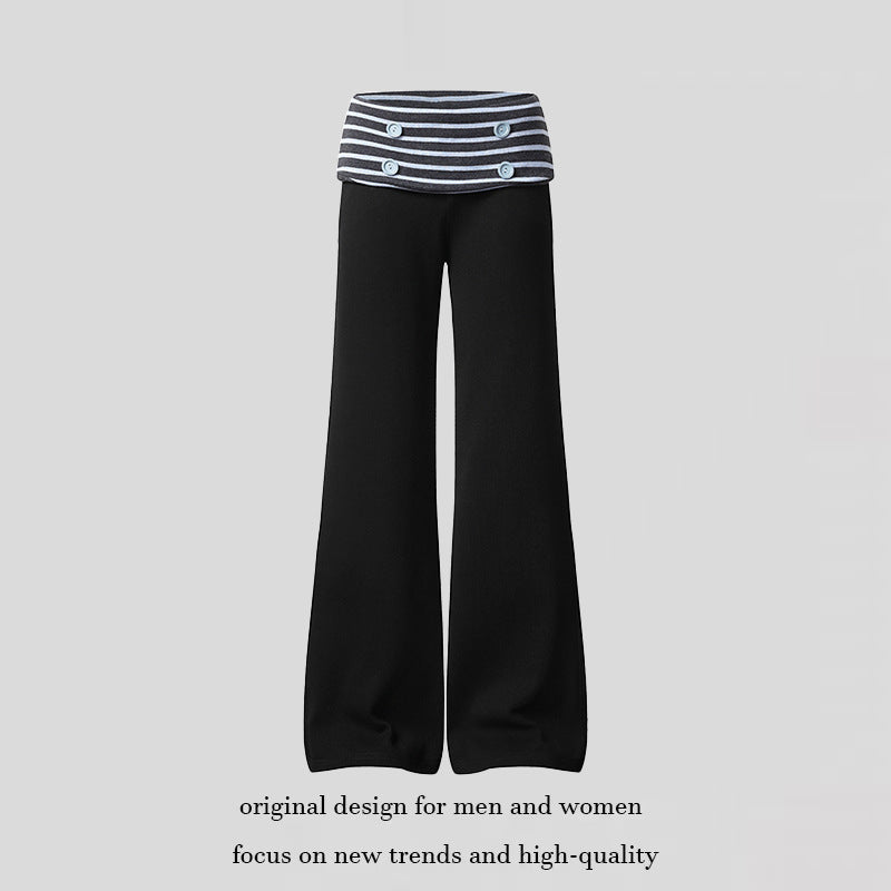 Women's Wide Loungewear Pants with Cuffable Striped Waistband and Decorative Buttons Amarae