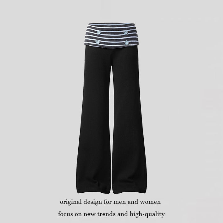 Women's Wide Loungewear Pants with Cuffable Striped Waistband and Decorative Buttons Amarae