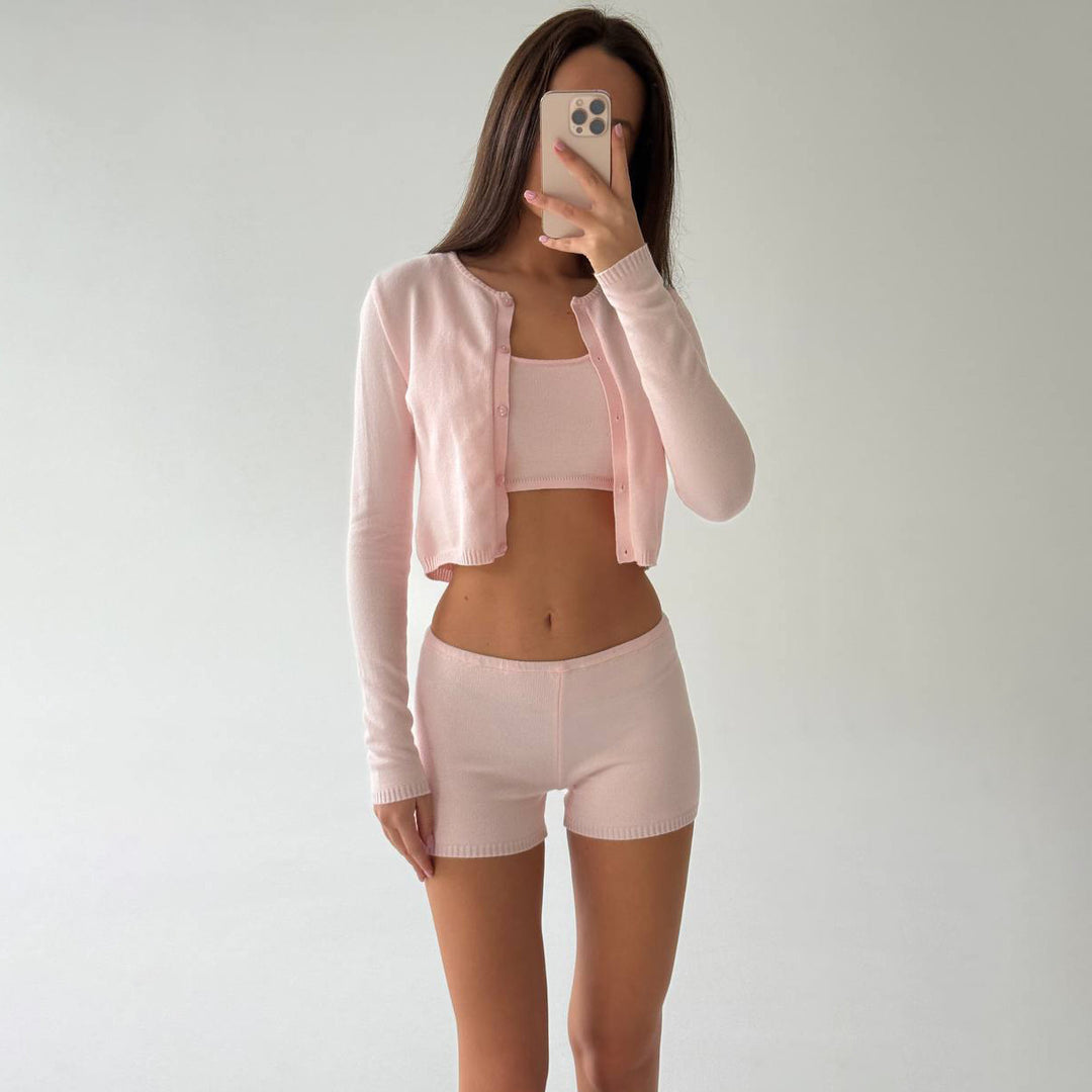Women’s leisure set in crop with button cardigan and matching bustier Lune London