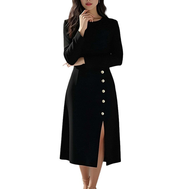 Robe Midi Élégante pour Femmes avec Détail de Bouton et Fente Latérale Chic & Stil