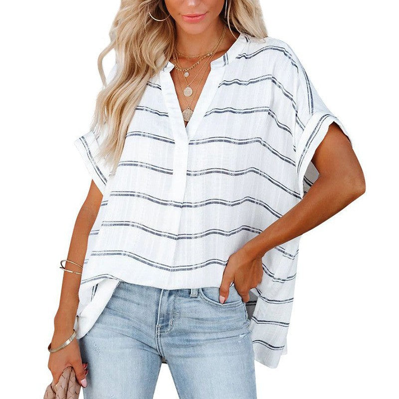 Casual short-sleeve blouse for women with a deep V-neckline and rolled sleeves Lune London