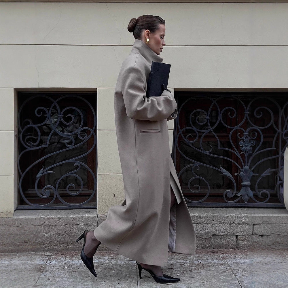 Women Maxilength Clean-Cut Wool Blend Coat with Oversized Lapels and Straight Silhouette Amarae