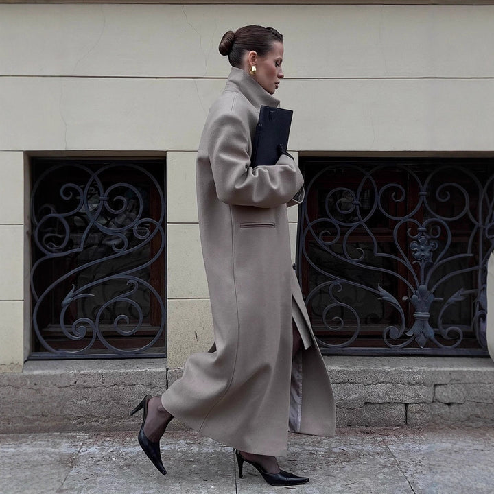 Women Maxilength Clean-Cut Wool Blend Coat with Oversized Lapels and Straight Silhouette Amarae