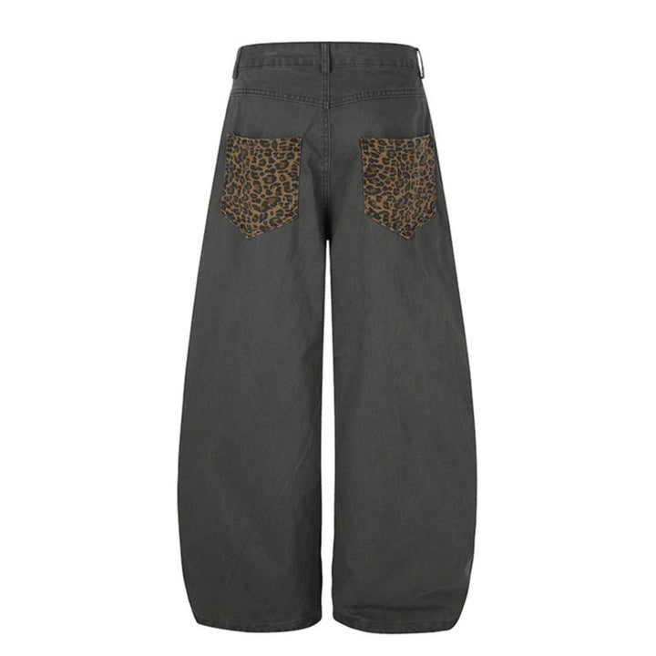 Women's Wide High-Waist Palazzo Jeans with Leopard Inserts and Side Pockets Amarae