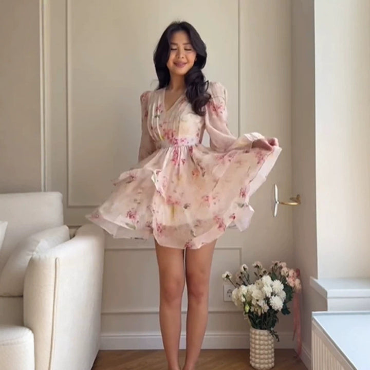 Women's Floral Chiffon Mini Dress with V-Neck, Ruched Waist and Layered Ruffle Skirt Amarae