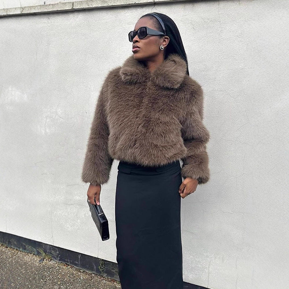 Women Short Boxy Faux Fur Blouson with Voluminous Shawl Collar and Lined Interior Amarae