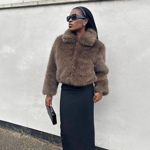 Women Short Boxy Faux Fur Blouson with Voluminous Shawl Collar and Lined Interior Amarae