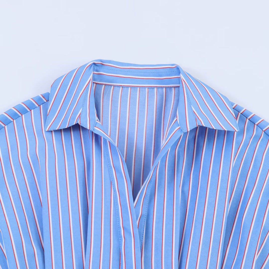 Women Striped Oversized Blouse with Tailoring Gatherings and Shirt Collar Amarae