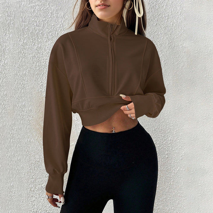 Sweat à col haut zippé pour femmes, cropped et en matériau doux Chic & Stil