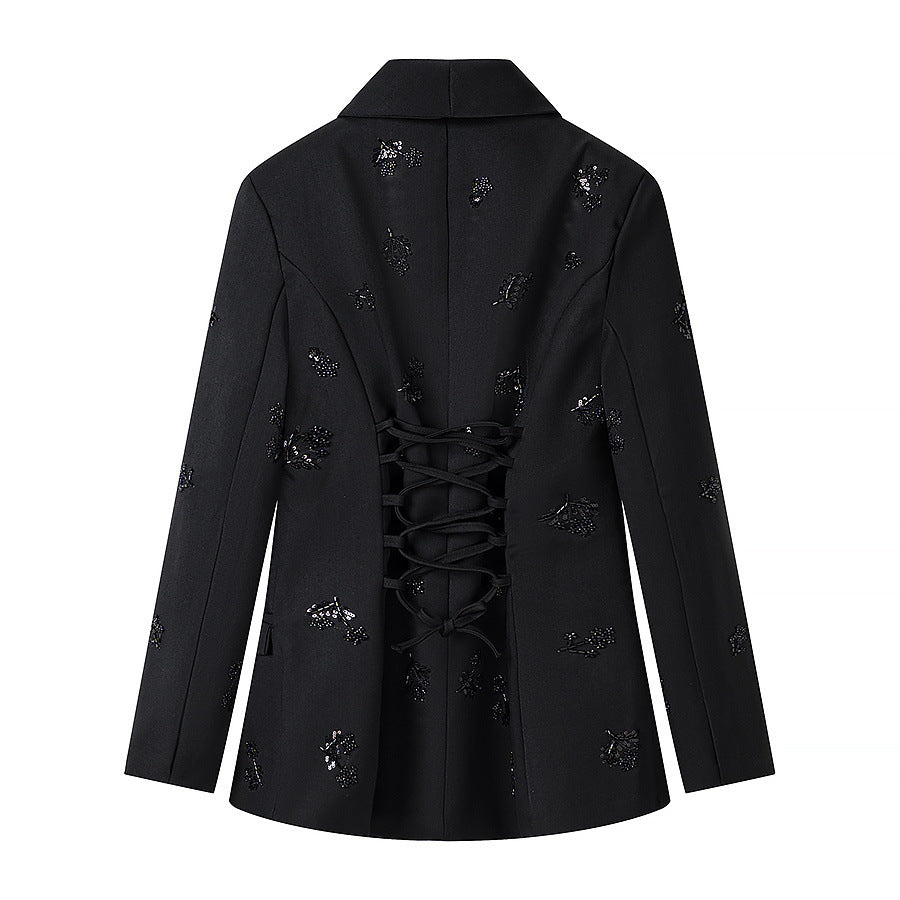 Women's Double-Breasted Blazer with Sequin Flowers and Shawl Collar Amarae