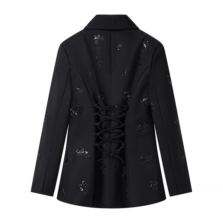 Women's Double-Breasted Blazer with Sequin Flowers and Shawl Collar Amarae