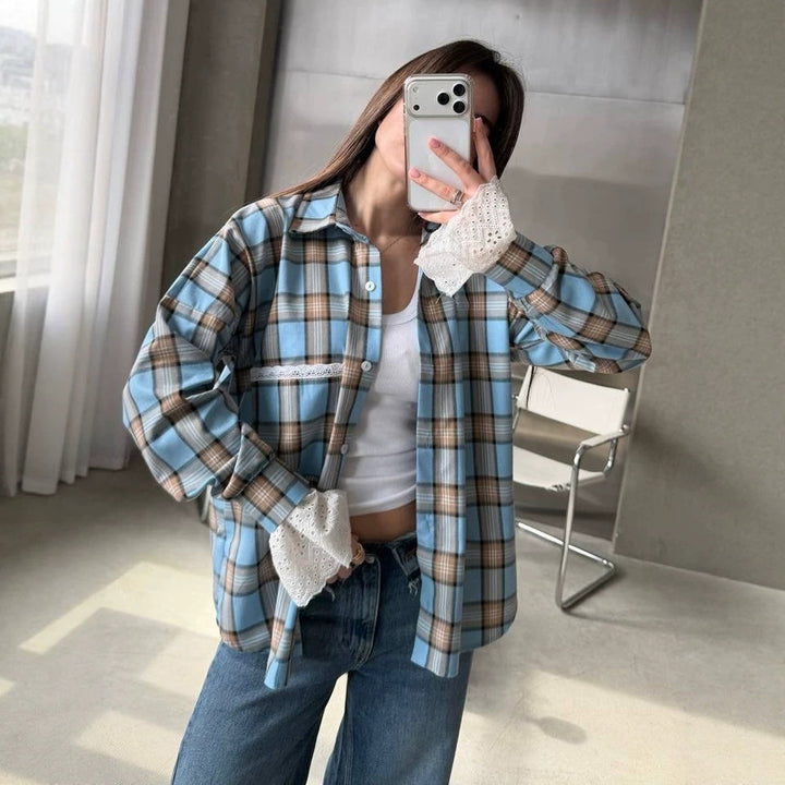 Women’s Oversize Checked Flannel Shirt with Lace Cuffs and Decorative Piping Amarae