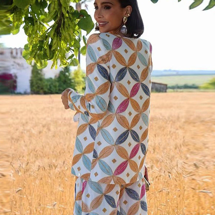 Women's Two-Piece Jacquard Suit with Waist Bow and Wide Leg Amarae