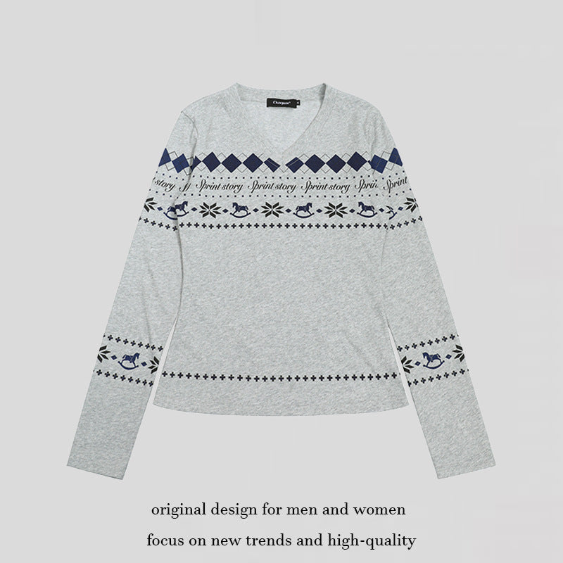 Women's Long Sleeve Shirt with V-Neck and Scandinavian Norwegian Print made of Cotton Blend Amarae