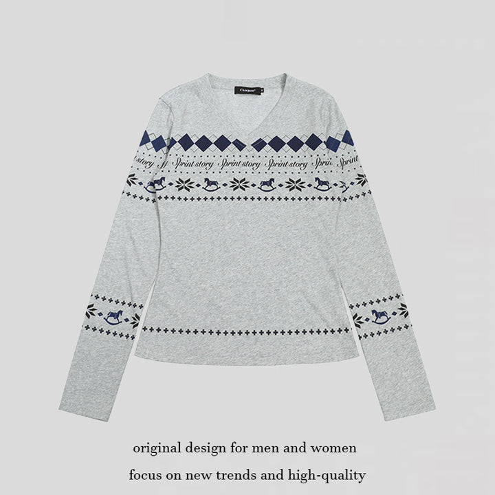 Women's Long Sleeve Shirt with V-Neck and Scandinavian Norwegian Print made of Cotton Blend Amarae