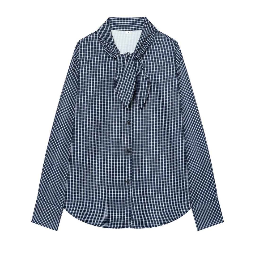 Women’s checkered blouse with bow collar and full button closure Amarae