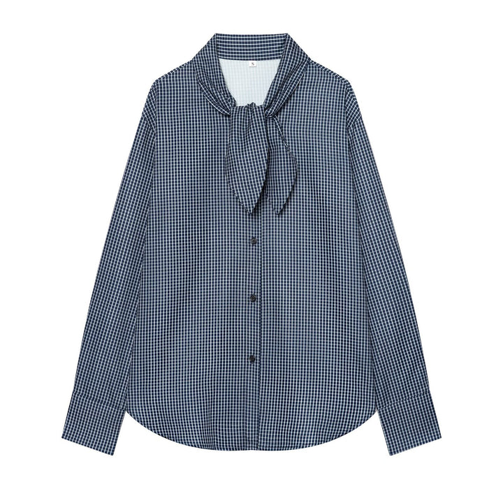 Women’s checkered blouse with bow collar and full button closure Amarae
