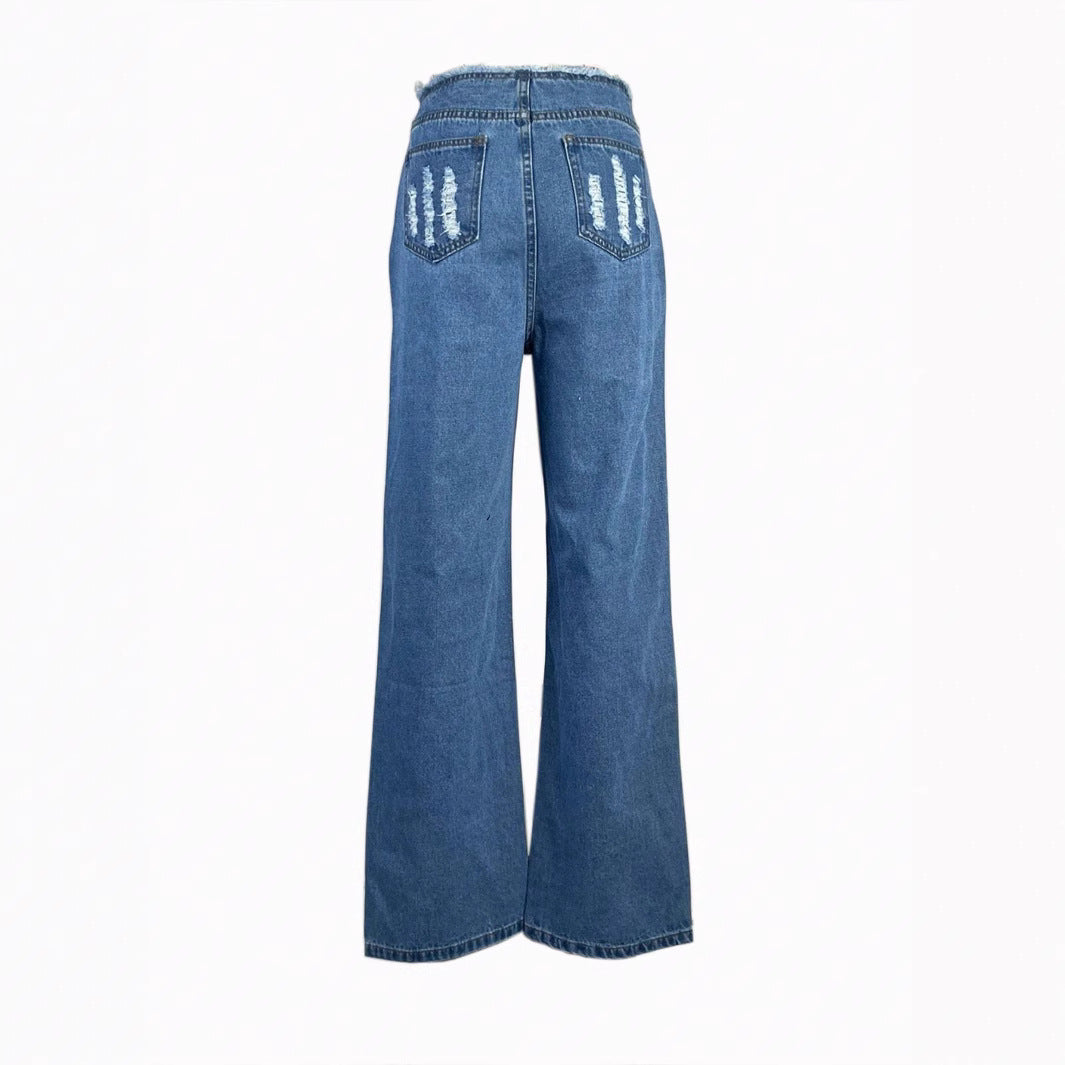 Women's high-cut wide denim jeans with heavily distressed front and raw waistband Amarae