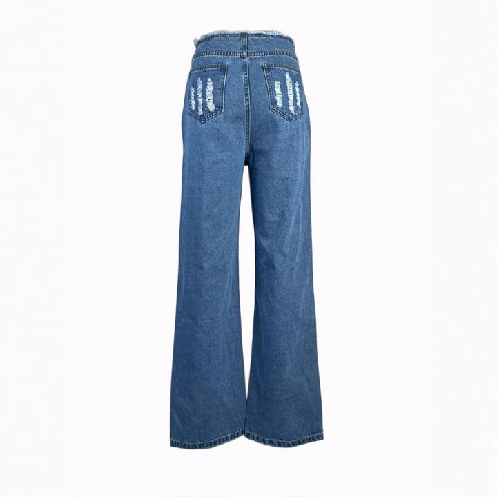 Women's high-cut wide denim jeans with heavily distressed front and raw waistband Amarae