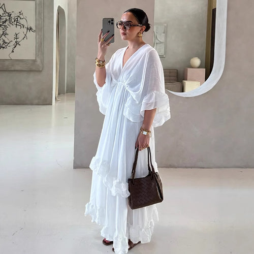 Maxi dress for women with voluminous ruffle details and an elegant V-neck Amarae