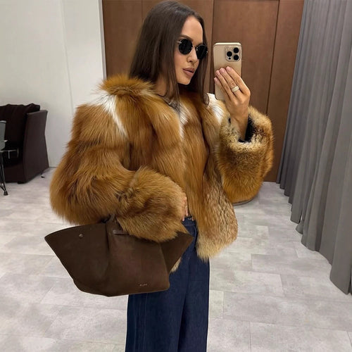 Women Boxy Short Coat in Multi-Layer Faux Fur Look with Voluminous Sleeves Amarae