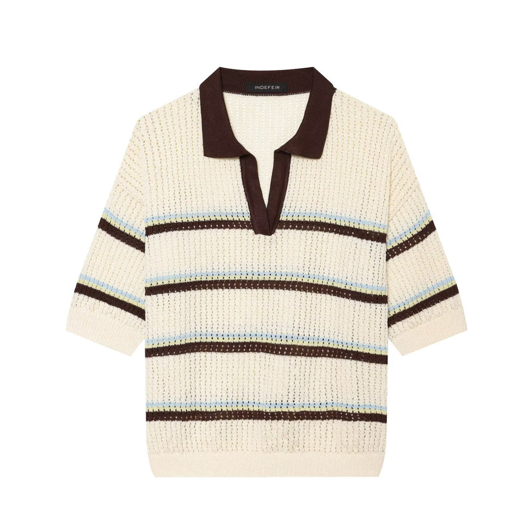 Women's short-sleeve polo pullover made of openwork knit with open V-neck Amarae
