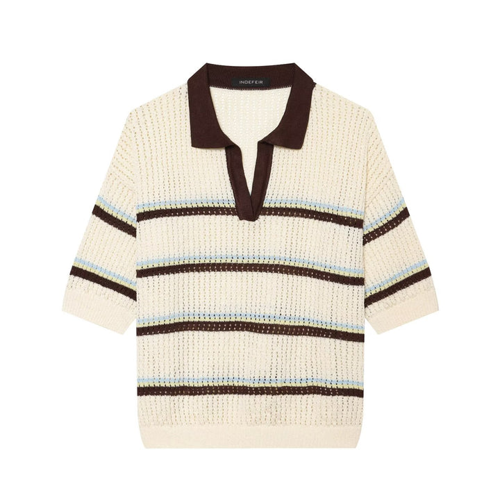 Women's short-sleeve polo pullover made of openwork knit with open V-neck Amarae