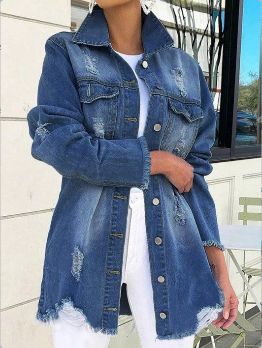 Women's Oversized Denim Jacket with Destroyed Details, Fringed Hem and Concealed Button Placket Amarae