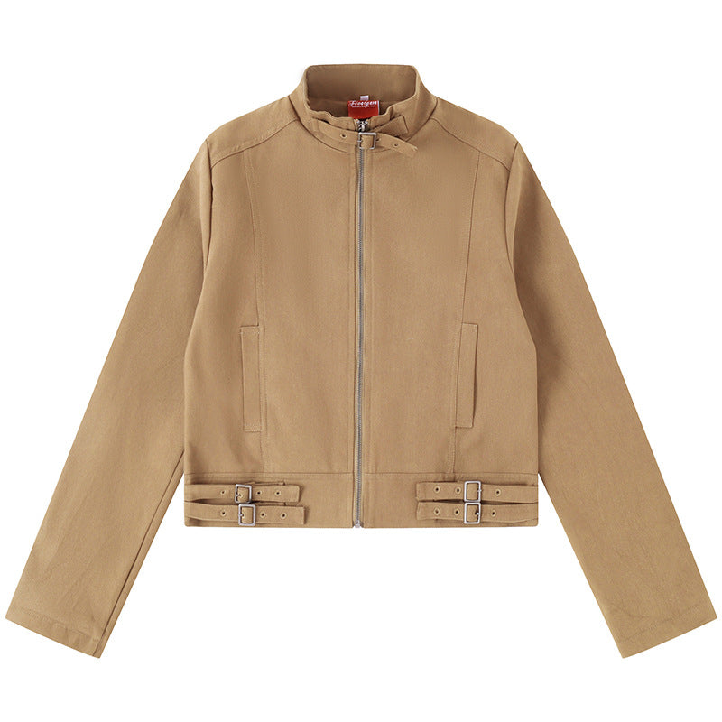 Women's Short Cut Cotton Utility Jacket with Stand-Up Collar Front Zip and Adjustable Waist Straps Amarae