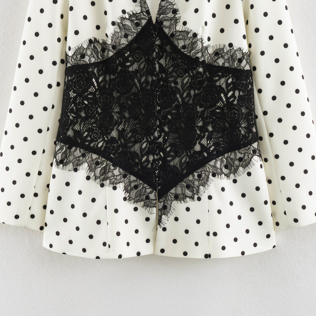 Women's Tailored Blazer with Polka Dot Pattern and Lace-Trimmed Corset Detail Amarae