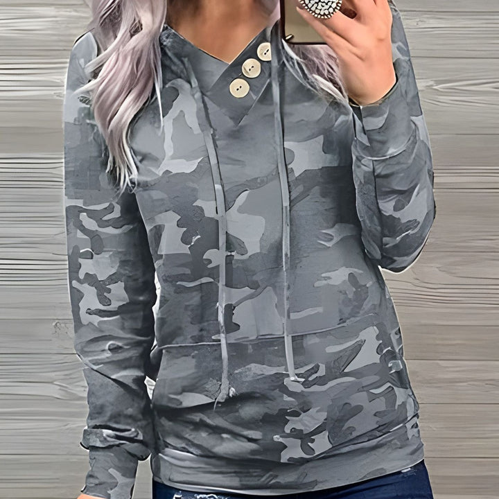 Casual hoodie for women with button details and modern camouflage pattern Lune London