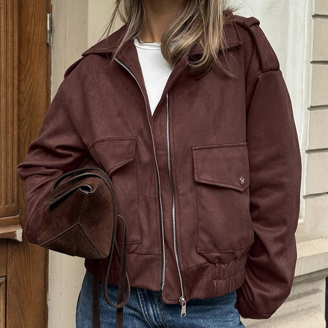Women's nubuck jacket with early design featuring practical pockets Lune London