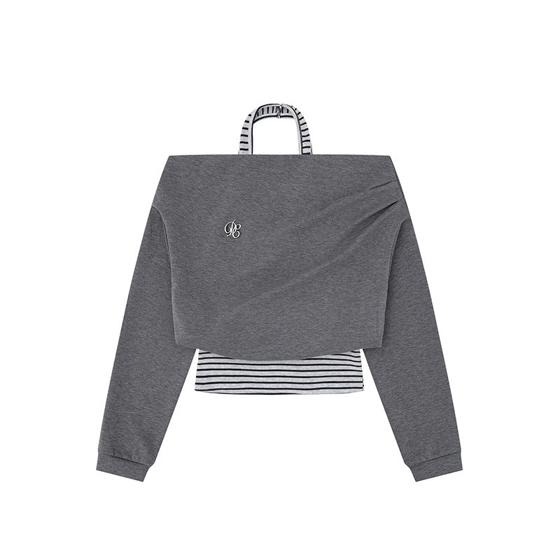 Women's Cropped Layered Hoodie with Integrated Striped Under-Shirt, Hood and Casual Raglan Cut
