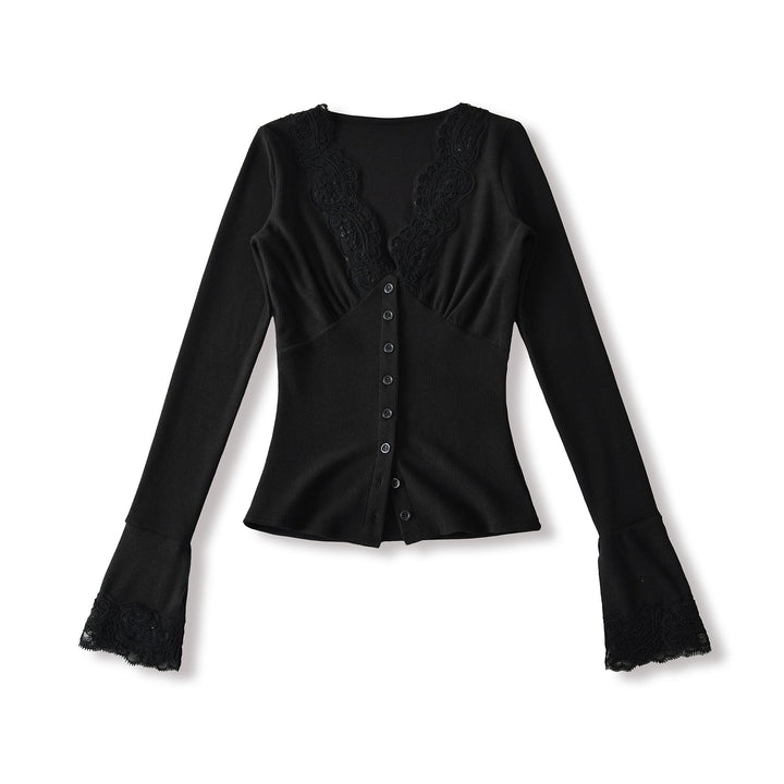 Women's long sleeve t-shirt with feminine lace collar and button detail Lune London