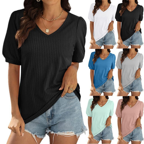 Ladies blouse in viscose with ribbed texture and puff sleeves Amarae